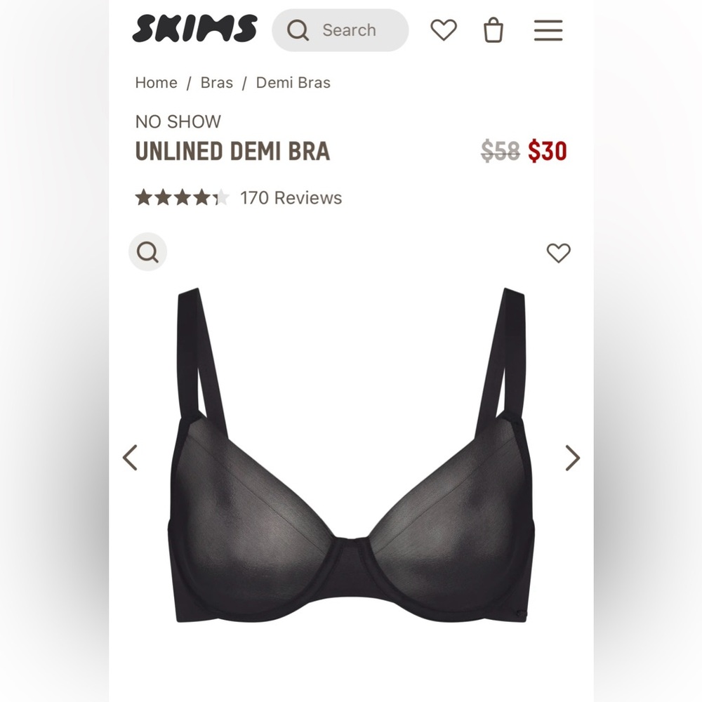 SKIMS Unlined Demi Bra in size 36A. Color: Onyx. Condition: New